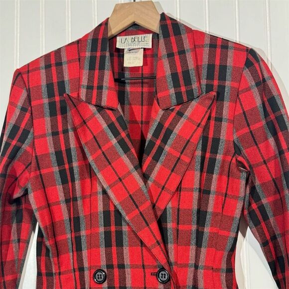 VTG La Belle Red Plaid Blazer Dress S Double Breasted 80s Mob Wife Preppy Grunge - Picture 4 of 11